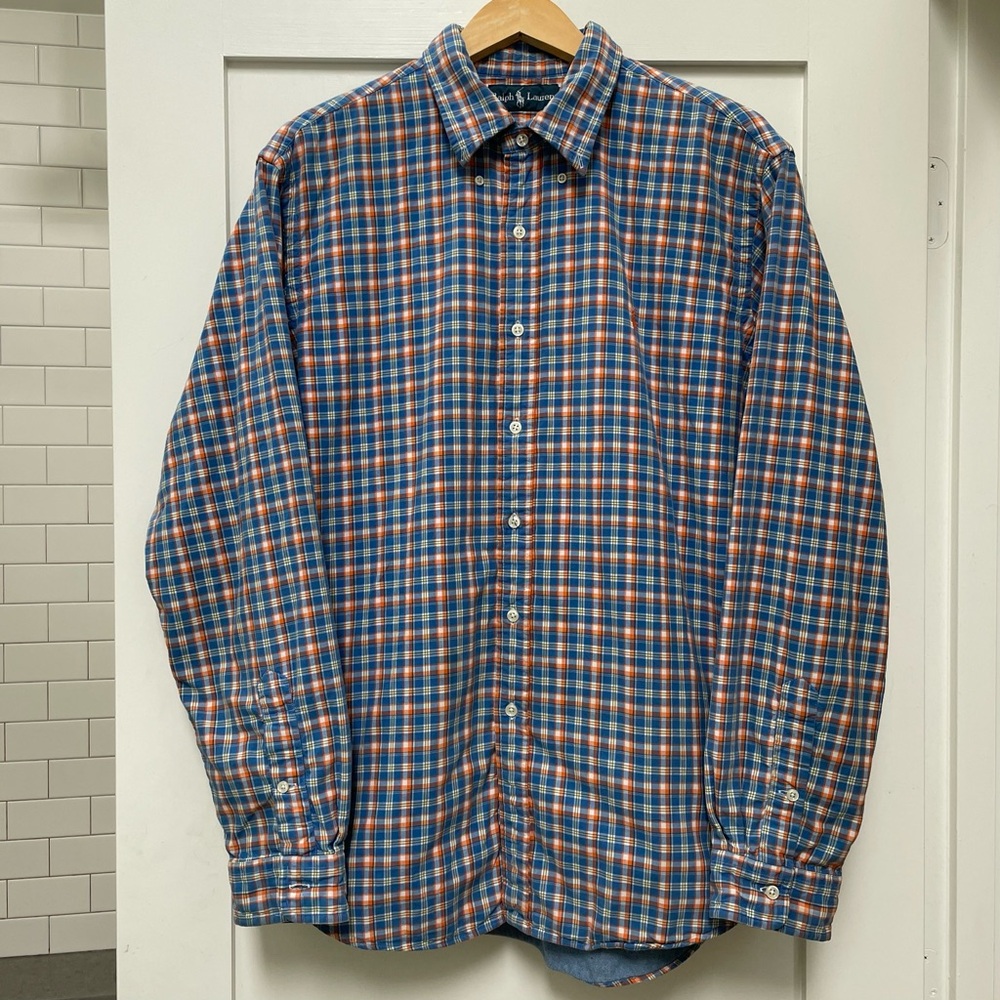 TWO Ralph Lauren XL long sleeve cotton button down dress shirts chambray check - Picture 1 of 13